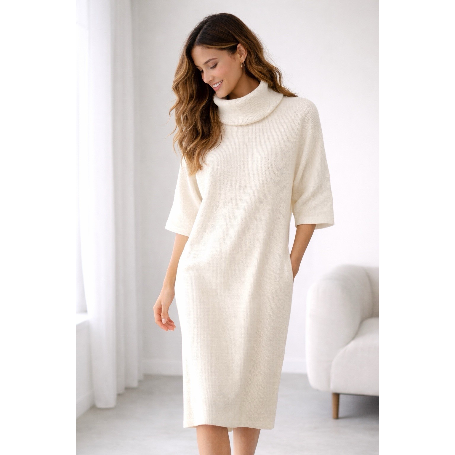Esby Murphy Dolman Rib Dress M Natural Cotton Turtleneck Midi $275 Retail